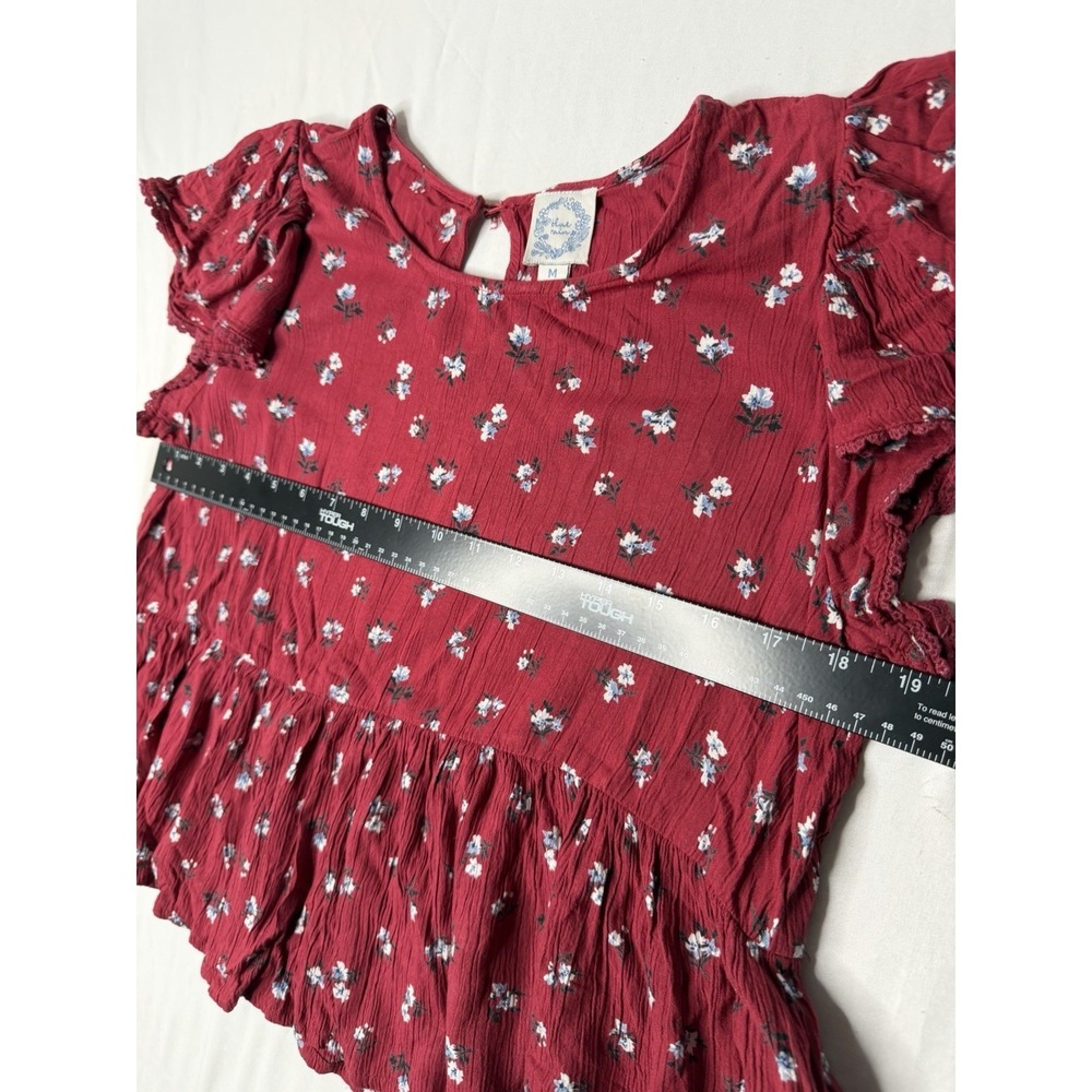 Blue Rain Womens Medium Red Floral Peplum Blouse Flutter Sleeve Boho Top M - Picture 4 of 5